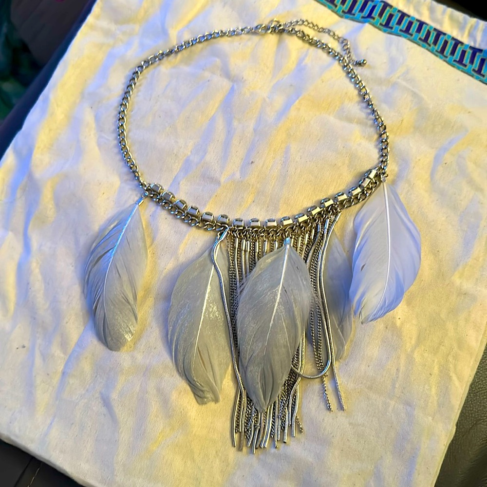 Silver feather tribal diamond statement necklace